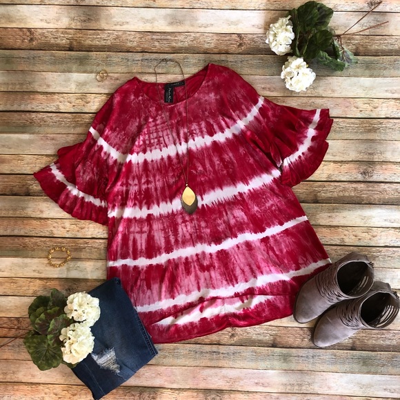 ‼️JUST IN ‼️ Red tie dye ruffle short sleeved top - Picture 3 of 5